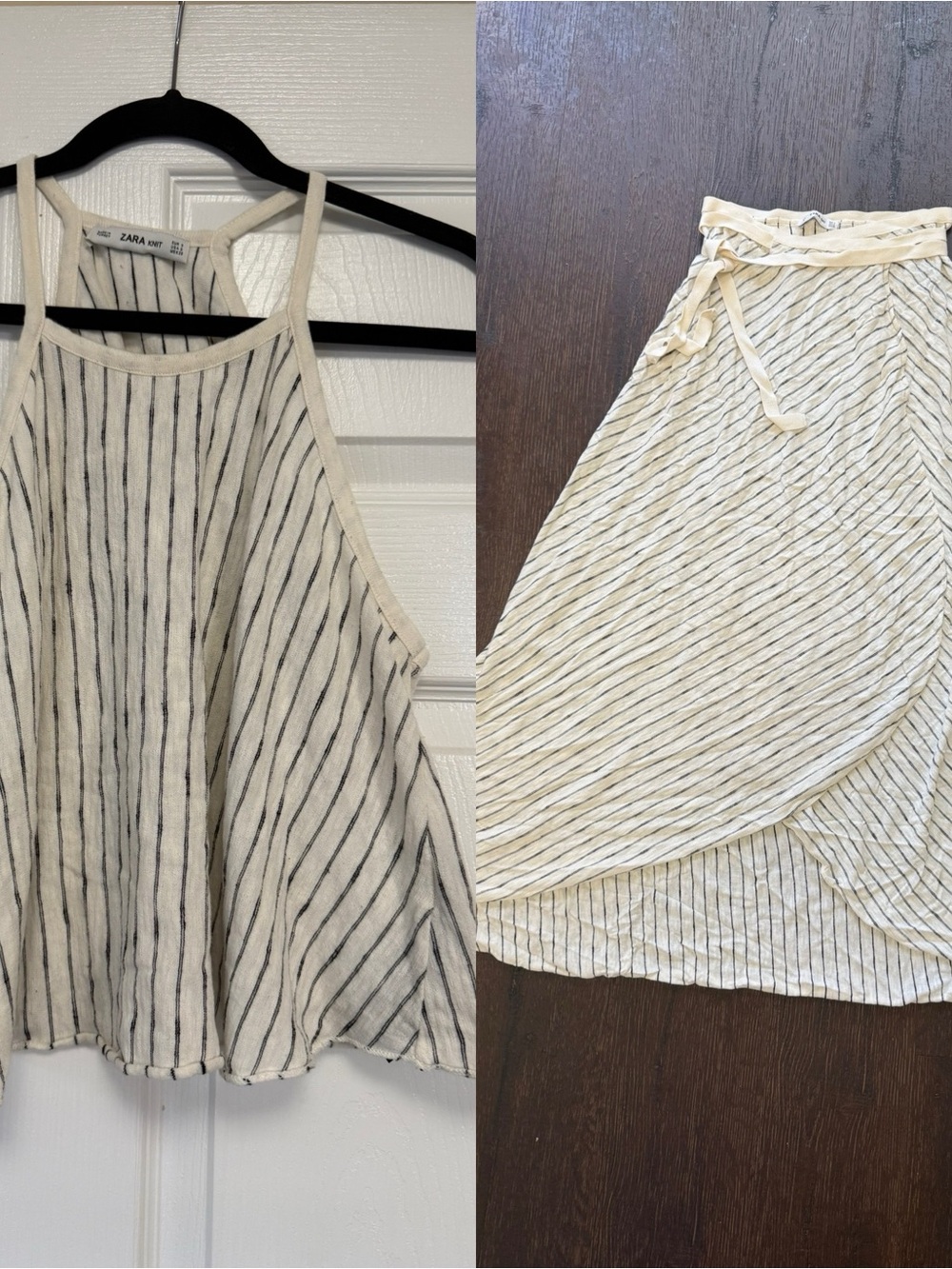 Zara Cream Halter Top & Wrap Skirt Set with Black Pinstripes